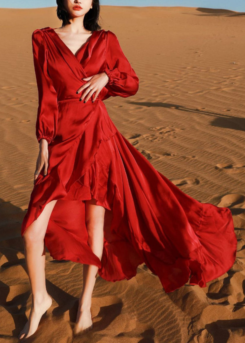 Design Neck Italian Low Cotton Dresses Robe Red V Wine Fall High