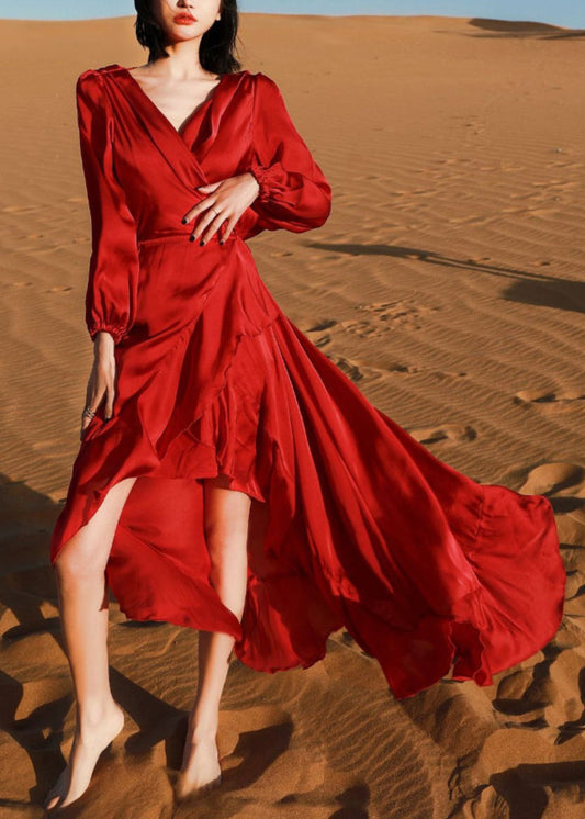 Design Neck Italian Low Cotton Dresses Robe Red V Wine Fall High