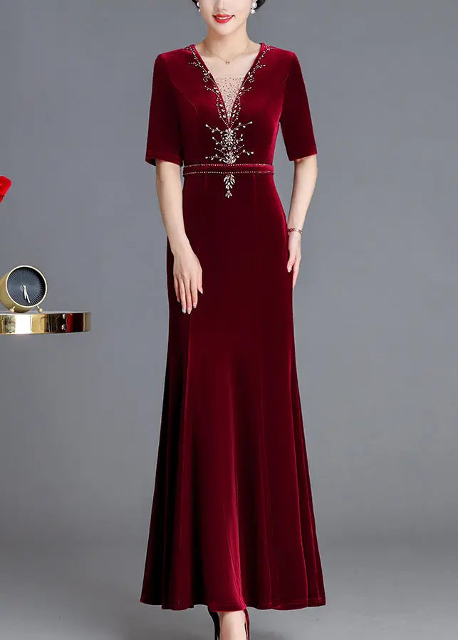 Italian Wine Red V Neck Zircon Silk Velour Long Dresses Fall Ada Fashion