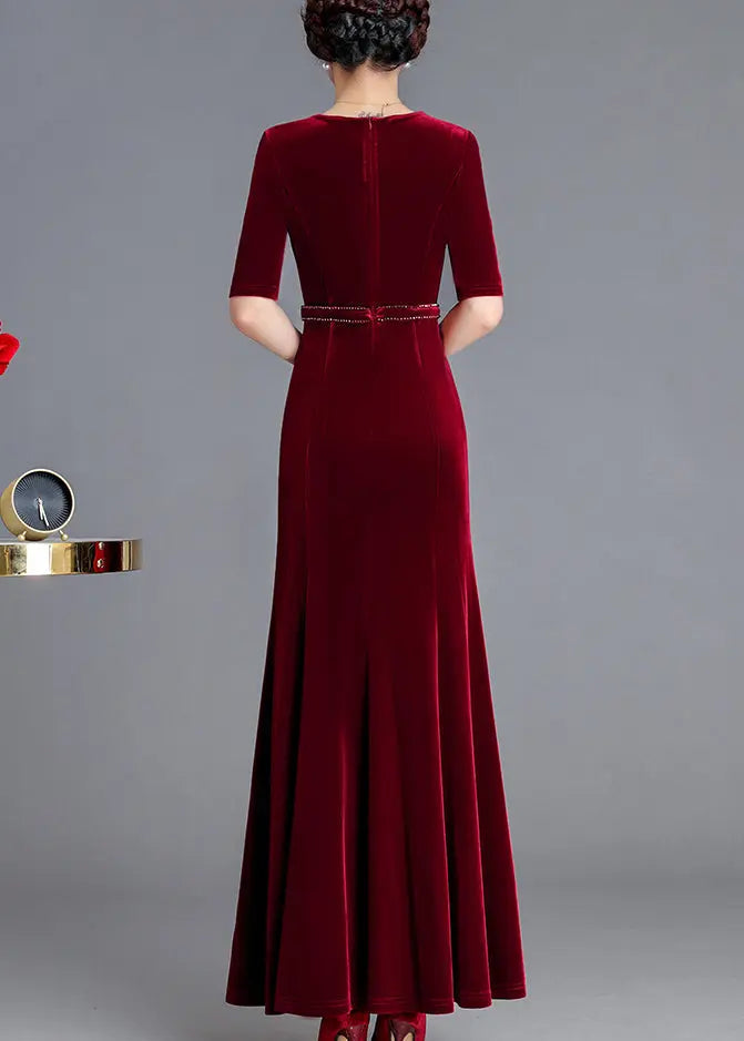 Italian Wine Red V Neck Zircon Silk Velour Long Dresses Fall Ada Fashion