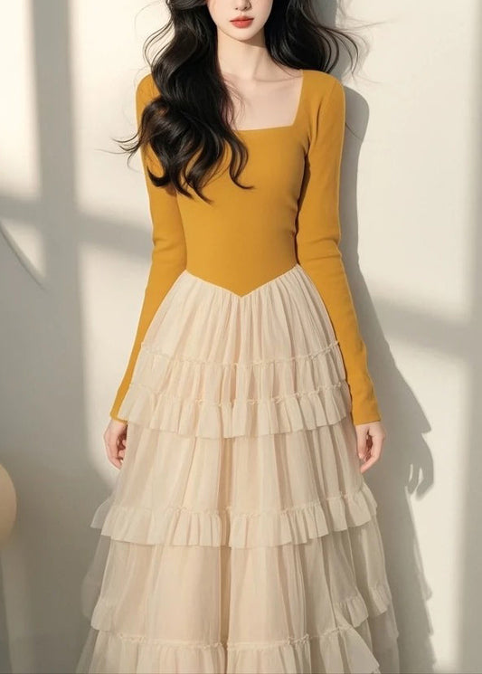 Tulle Long Patchwork Yellow Italian Square Collar Dress Spring