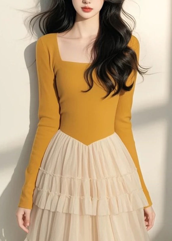 Tulle Long Patchwork Yellow Italian Square Collar Dress Spring