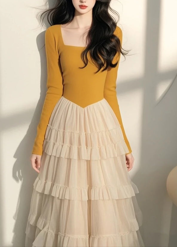 Tulle Long Patchwork Yellow Italian Square Collar Dress Spring