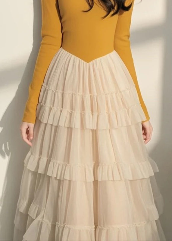 Tulle Long Patchwork Yellow Italian Square Collar Dress Spring