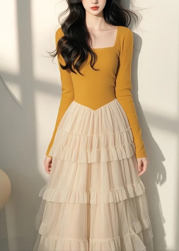 Tulle Long Patchwork Yellow Italian Square Collar Dress Spring