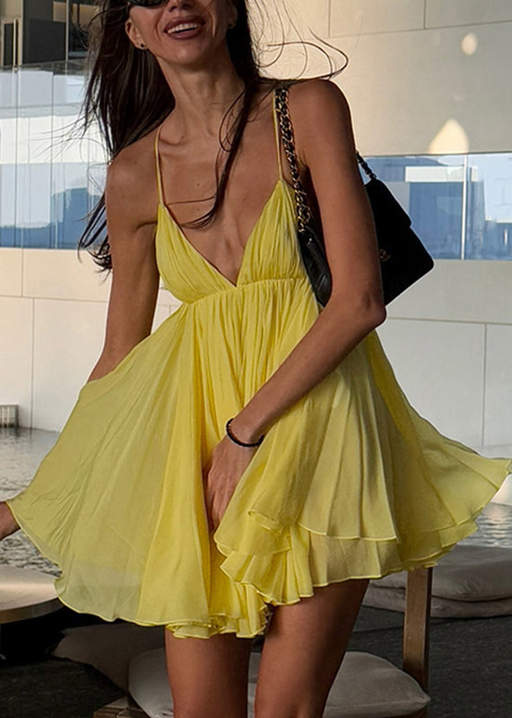 Strap V Patchwork Yellow Italian Spaghetti Backless Mid Neck