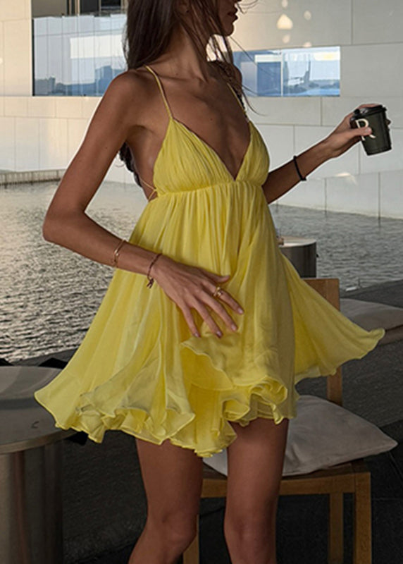 Strap V Patchwork Yellow Italian Spaghetti Backless Mid Neck