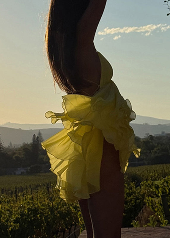 Strap V Patchwork Yellow Italian Spaghetti Backless Mid Neck