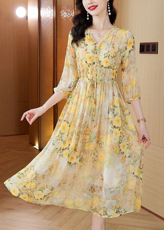 Italian Yellow V Neck Print Drawstring Silk Dresses Summer BB029