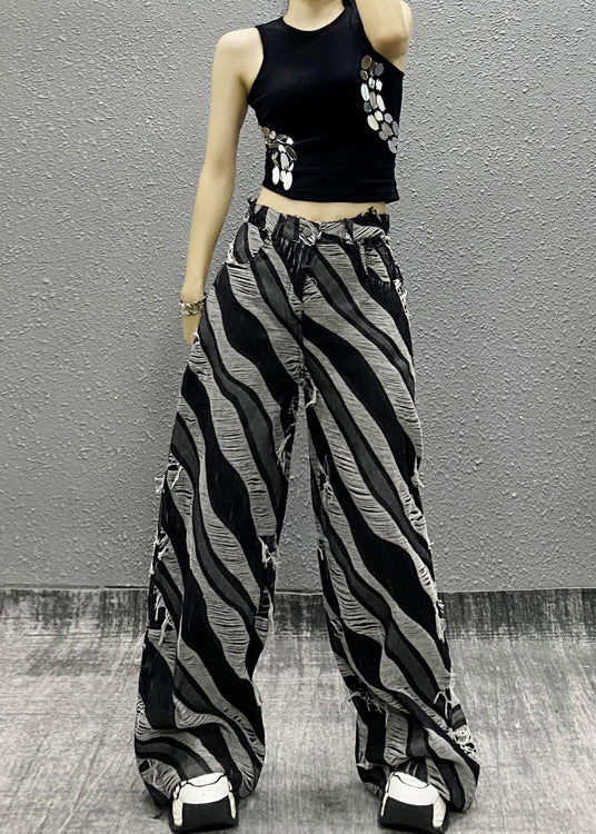 Italian Zebra Pattern Pockets Denim Wide Leg Pants Fall RI012