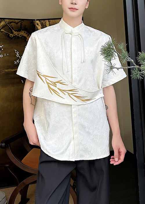 Mens Chinese Button Jacquard Apricot Cotton Shirts Embroideried