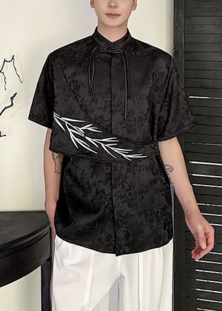 Mens Chinese Button Jacquard Apricot Cotton Shirts Embroideried