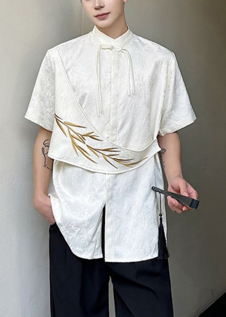 Mens Chinese Button Jacquard Apricot Cotton Shirts Embroideried