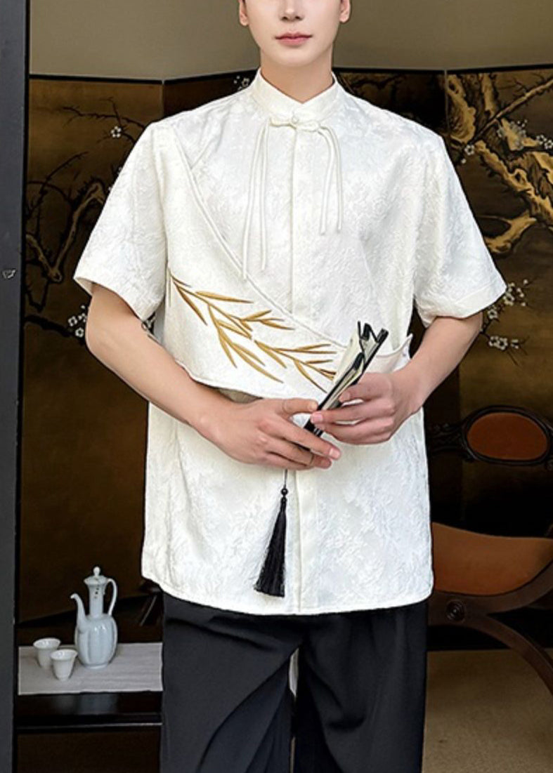 Mens Chinese Button Jacquard Apricot Cotton Shirts Embroideried