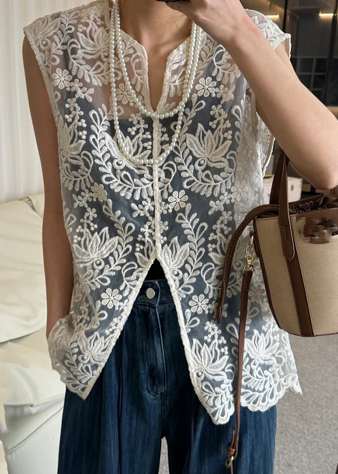 Lace V Tops Apricot Hollow Jacquard Sleeveless Out Neck