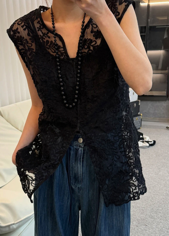 Lace V Tops Apricot Hollow Jacquard Sleeveless Out Neck