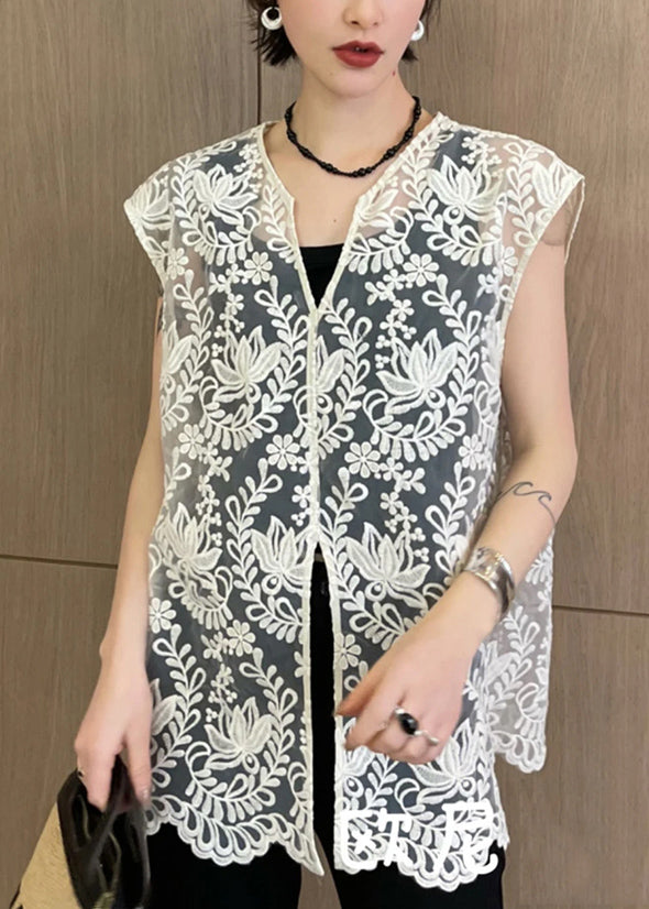 Lace V Tops Apricot Hollow Jacquard Sleeveless Out Neck