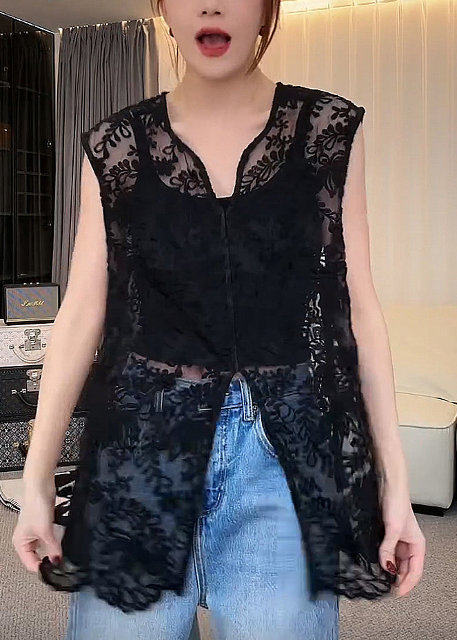 Lace V Tops Apricot Hollow Jacquard Sleeveless Out Neck