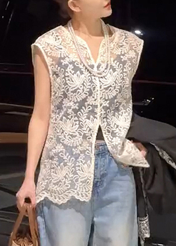 Lace V Tops Apricot Hollow Jacquard Sleeveless Out Neck