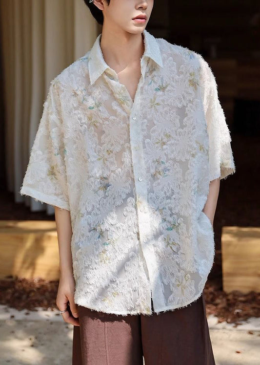 Jacquard Silk Pan Beige Peter Men Collar Sleeve Shirt Ice Half Button