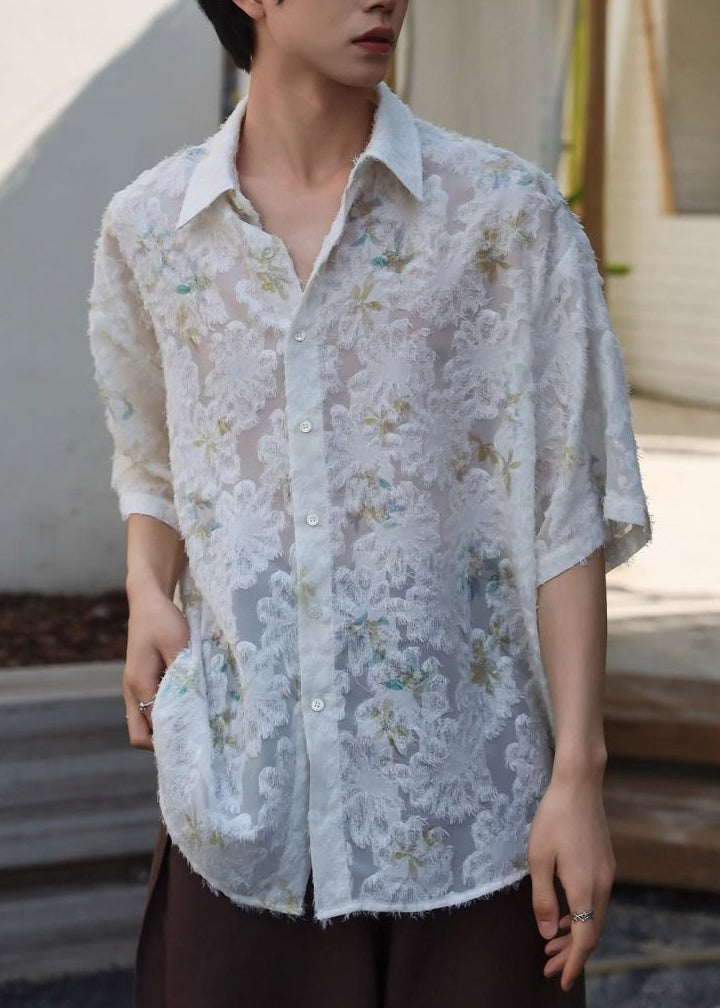 Jacquard Silk Pan Beige Peter Men Collar Sleeve Shirt Ice Half Button