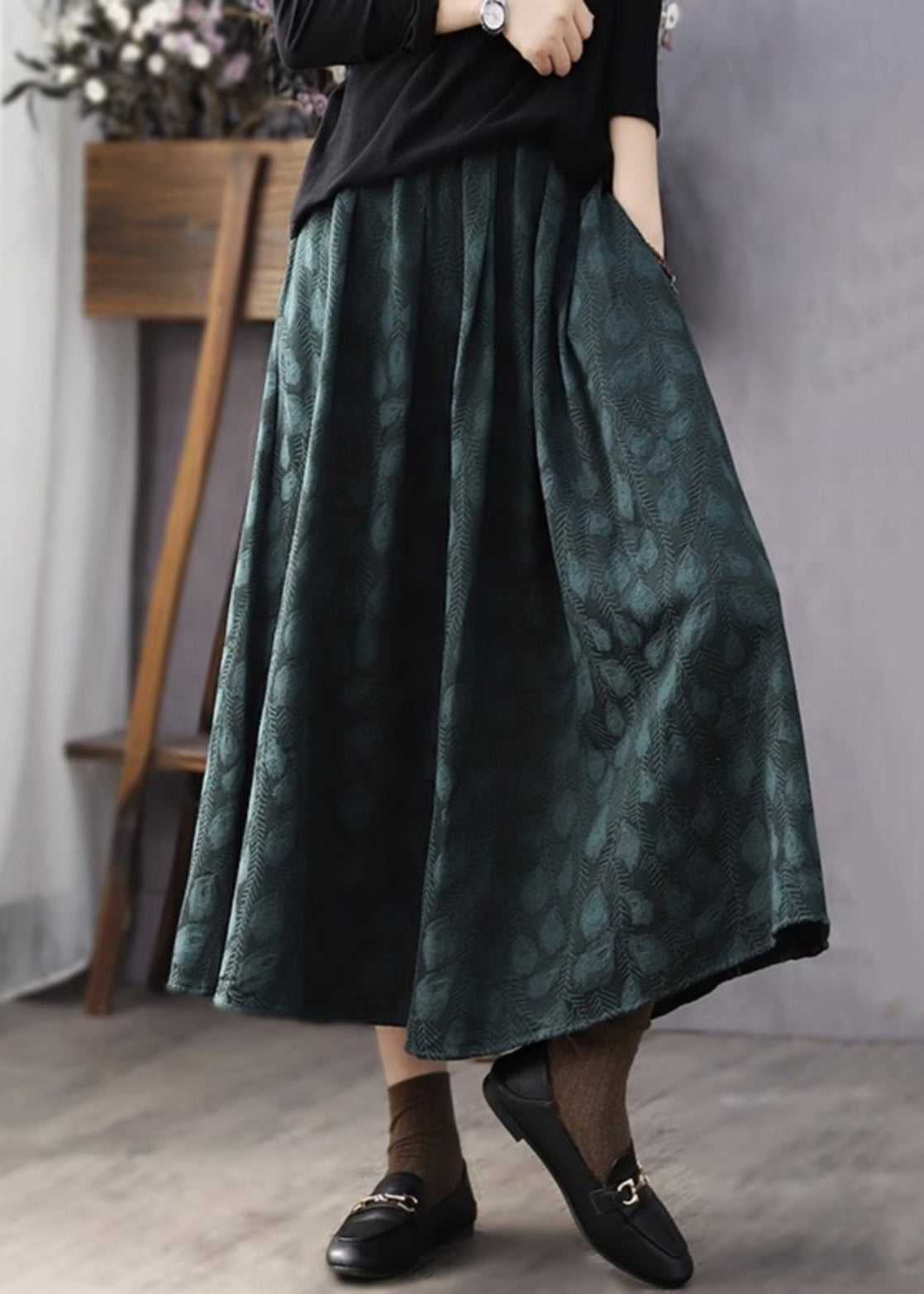 Jacquard Black Pockets Elastic Waist Cotton Skirt Fall SS032