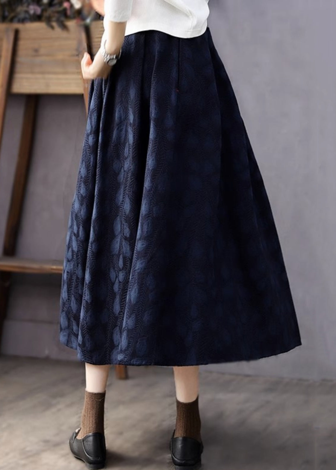 Jacquard Black Pockets Elastic Waist Cotton Skirt Fall SS032