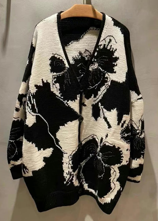 Jacquard Black V Neck Button Patchwork Knit Coat Long Sleeve Ada Fashion