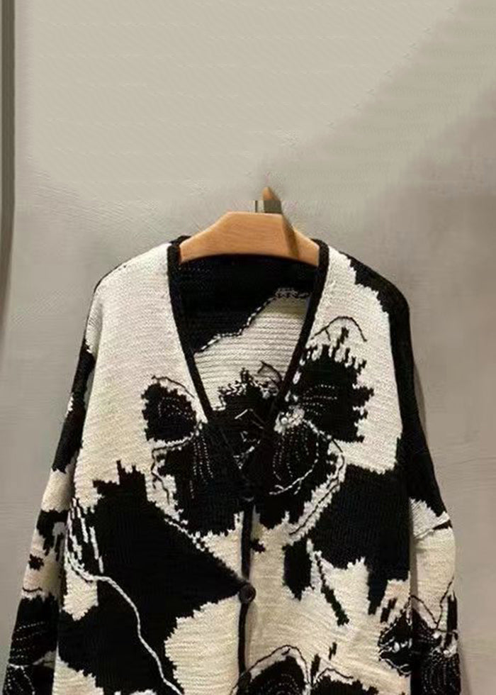 Jacquard Black V Neck Button Patchwork Knit Coat Long Sleeve Ada Fashion