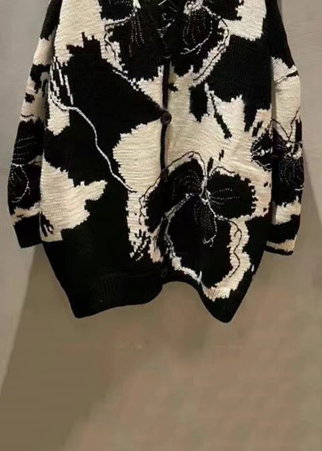 Jacquard Black V Neck Button Patchwork Knit Coat Long Sleeve Ada Fashion