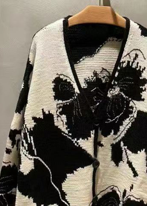 Jacquard Black V Neck Button Patchwork Knit Coat Long Sleeve Ada Fashion