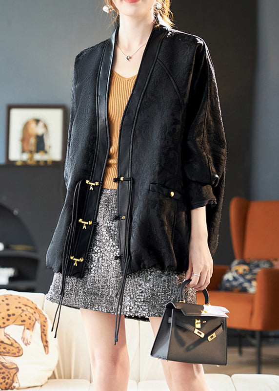 Batwing Black Neck Patchwork Coats Sleeve V Jacquard
