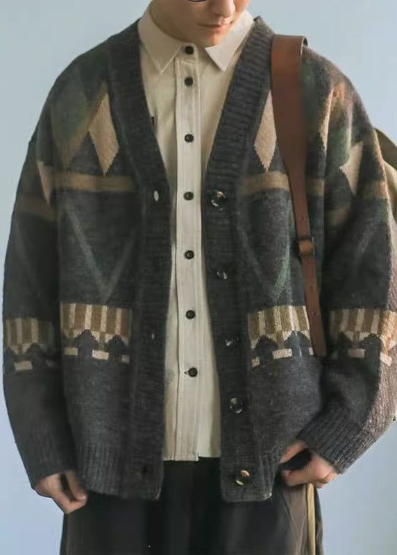 Knit Men Gray Jacquard Dark Button Coat V Neck Spring