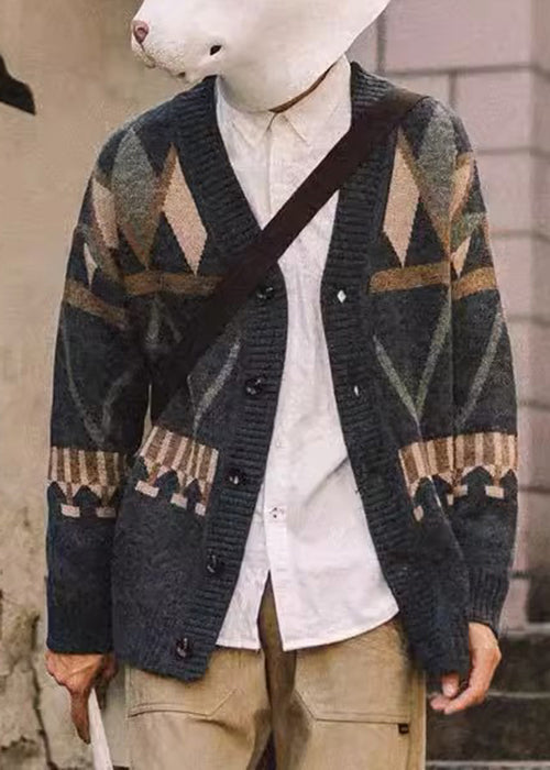 Knit Men Gray Jacquard Dark Button Coat V Neck Spring