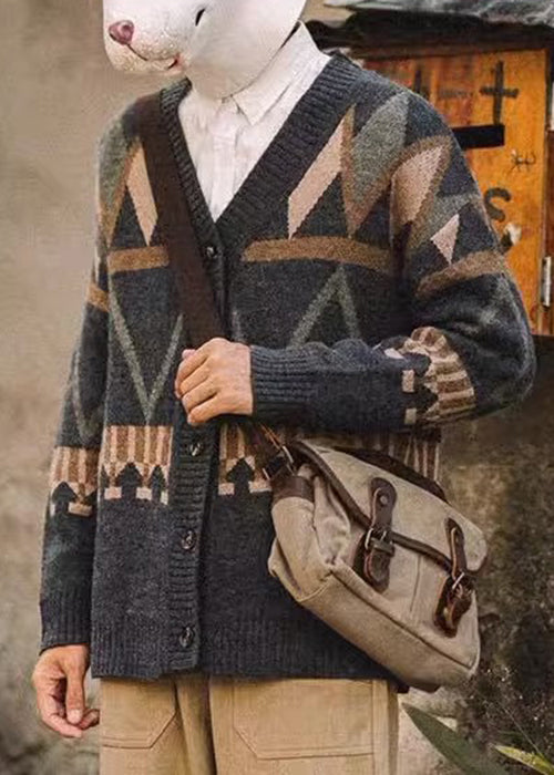 Knit Men Gray Jacquard Dark Button Coat V Neck Spring