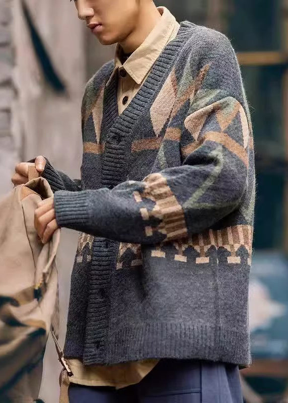 Knit Men Gray Jacquard Dark Button Coat V Neck Spring