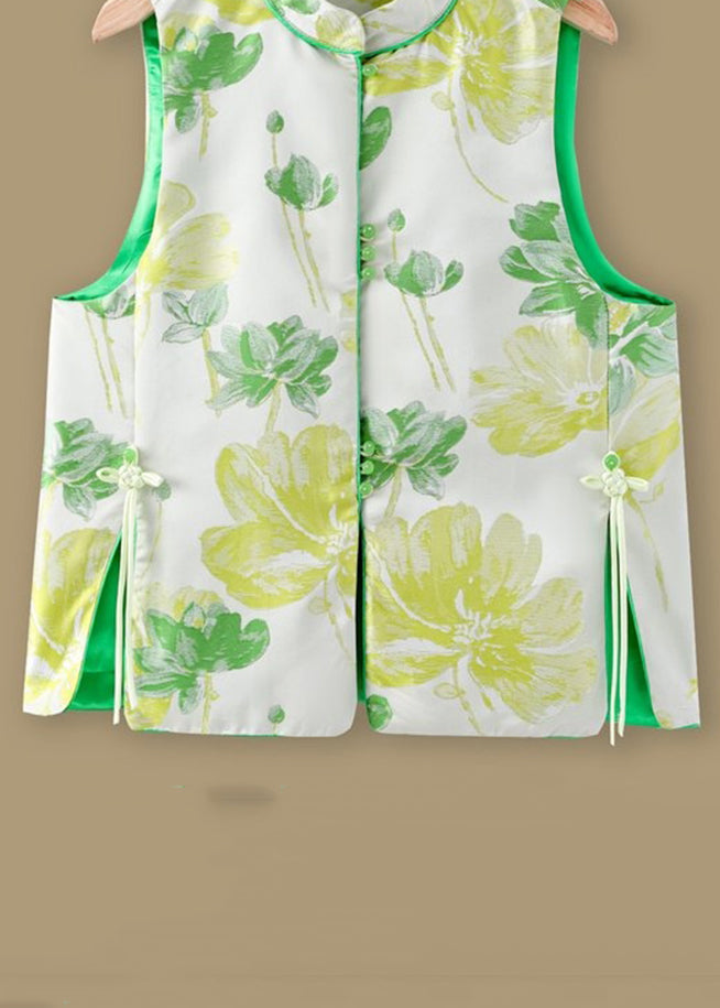 Jacquard Green Stand Collar Button Silk Waistcoat Sleeveless QO014