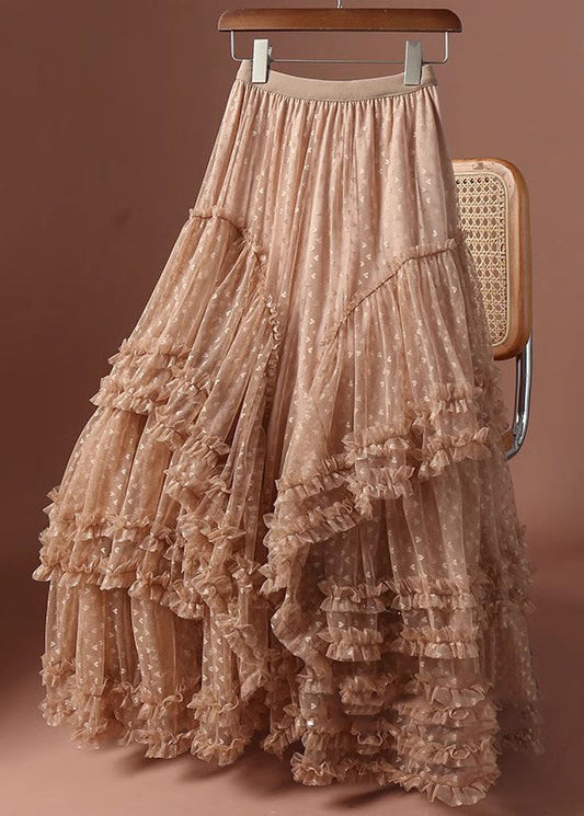 Patchwork Ruffled Khaki Skirts Jacquard Tulle Love Maxi
