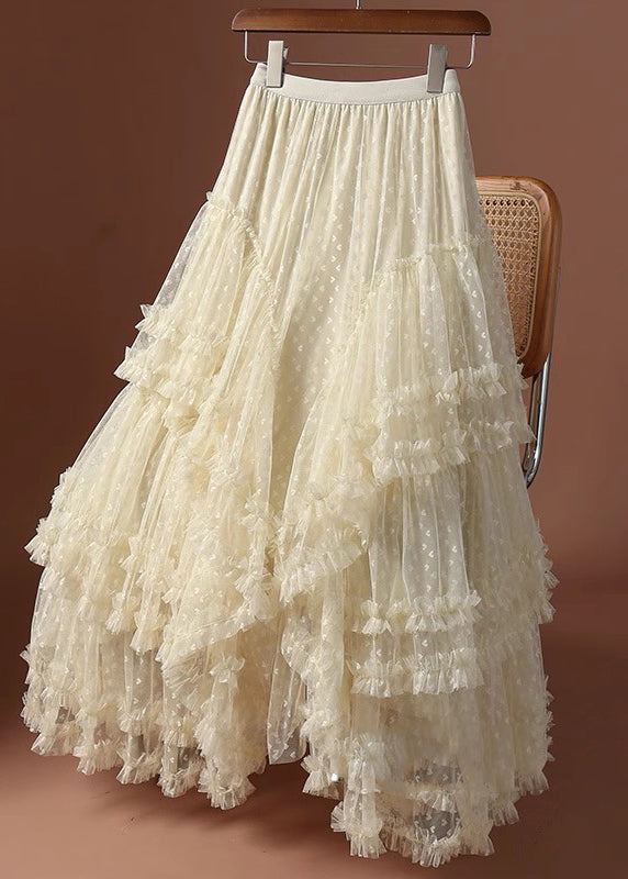 Patchwork Ruffled Khaki Skirts Jacquard Tulle Love Maxi