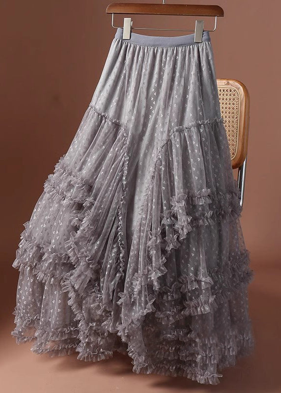 Patchwork Ruffled Khaki Skirts Jacquard Tulle Love Maxi