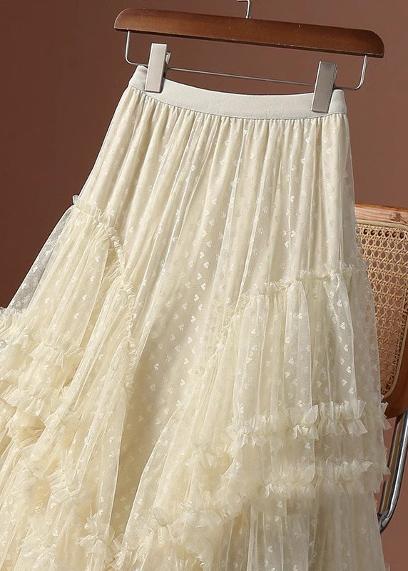 Patchwork Ruffled Khaki Skirts Jacquard Tulle Love Maxi