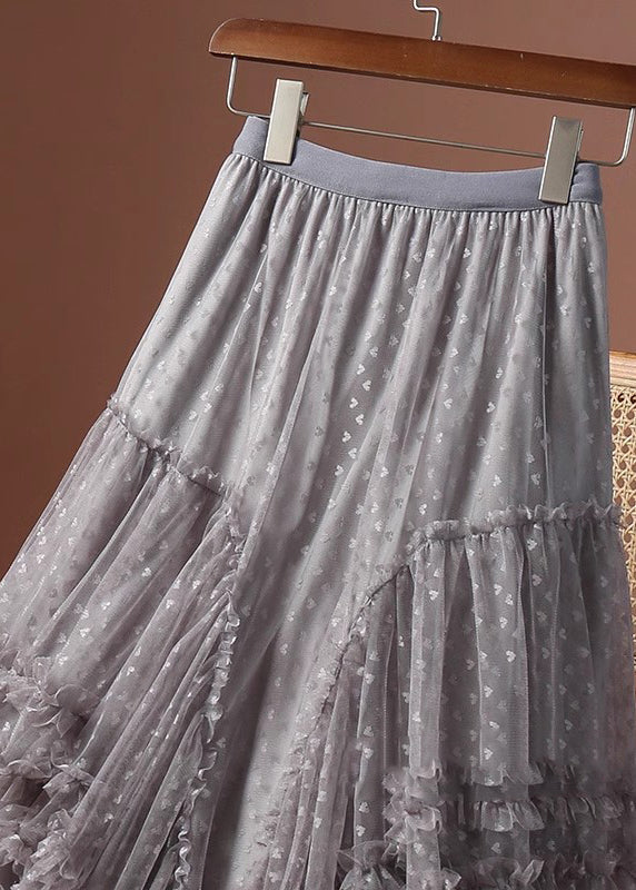Patchwork Ruffled Khaki Skirts Jacquard Tulle Love Maxi