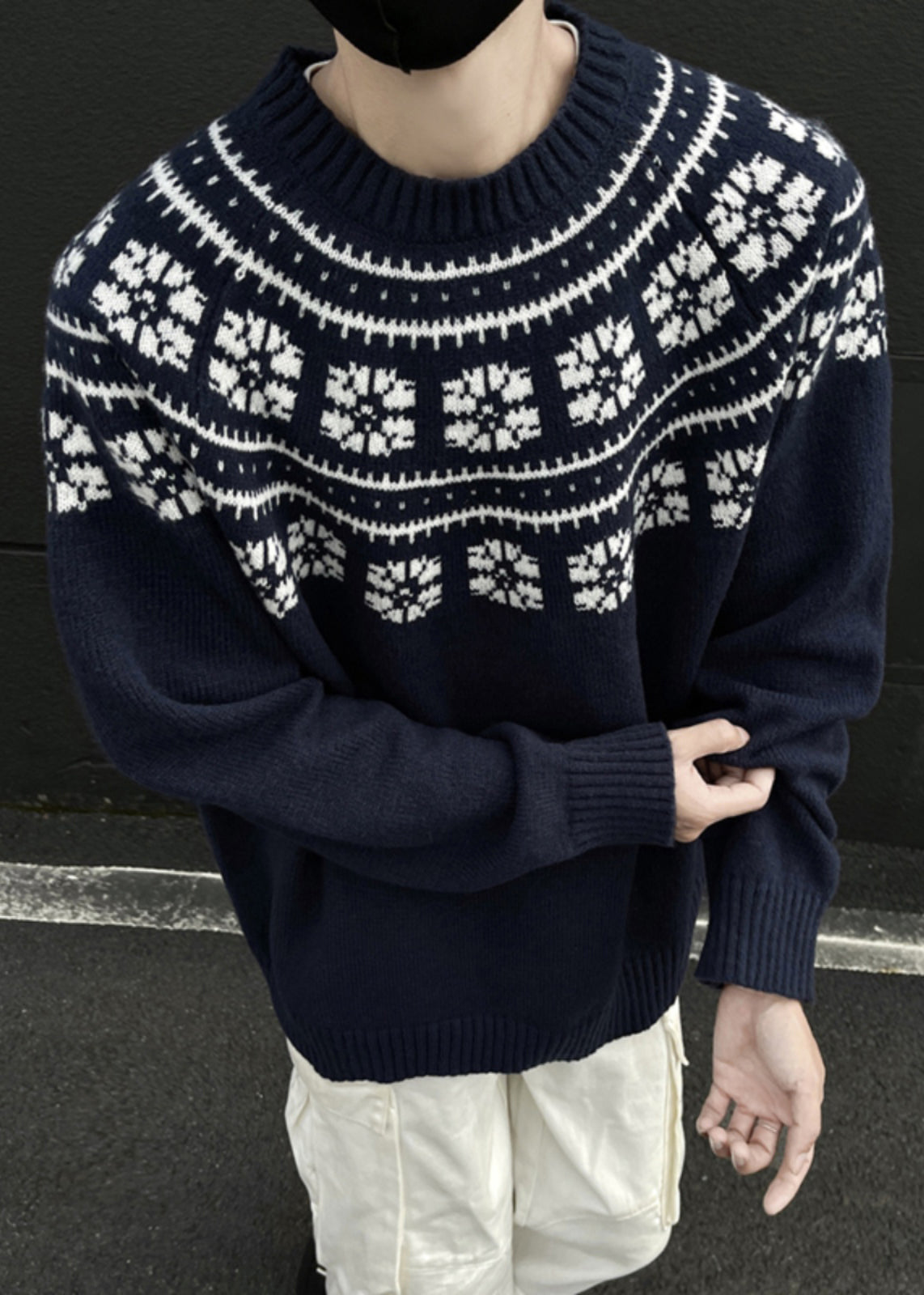 Jacquard Navy O-Neck Cozy Knit Mens Sweater Spring TK010