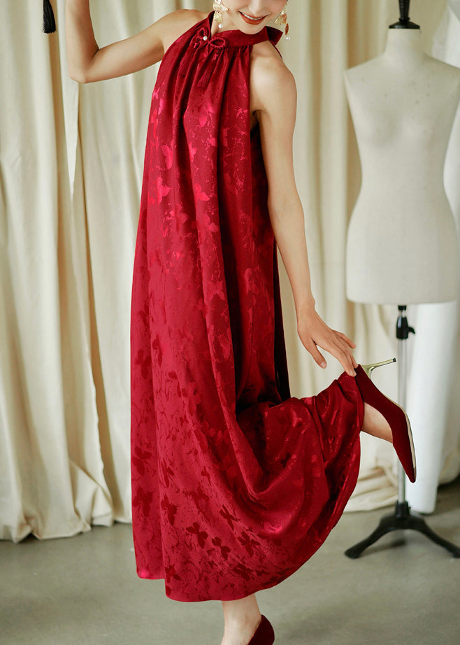 Loose Sleeveless Bow Jacquard Maxi Dresses Cotton Red