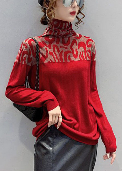 T Jacquard Cotton Patchwork Red Turtleneck Spring Shirts