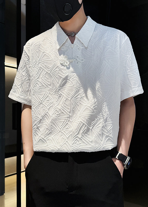 Shirts Polo Chinese Cotton Jacquard Mens Button Solid White