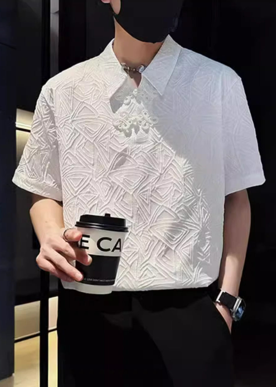 Shirts Polo Chinese Cotton Jacquard Mens Button Solid White