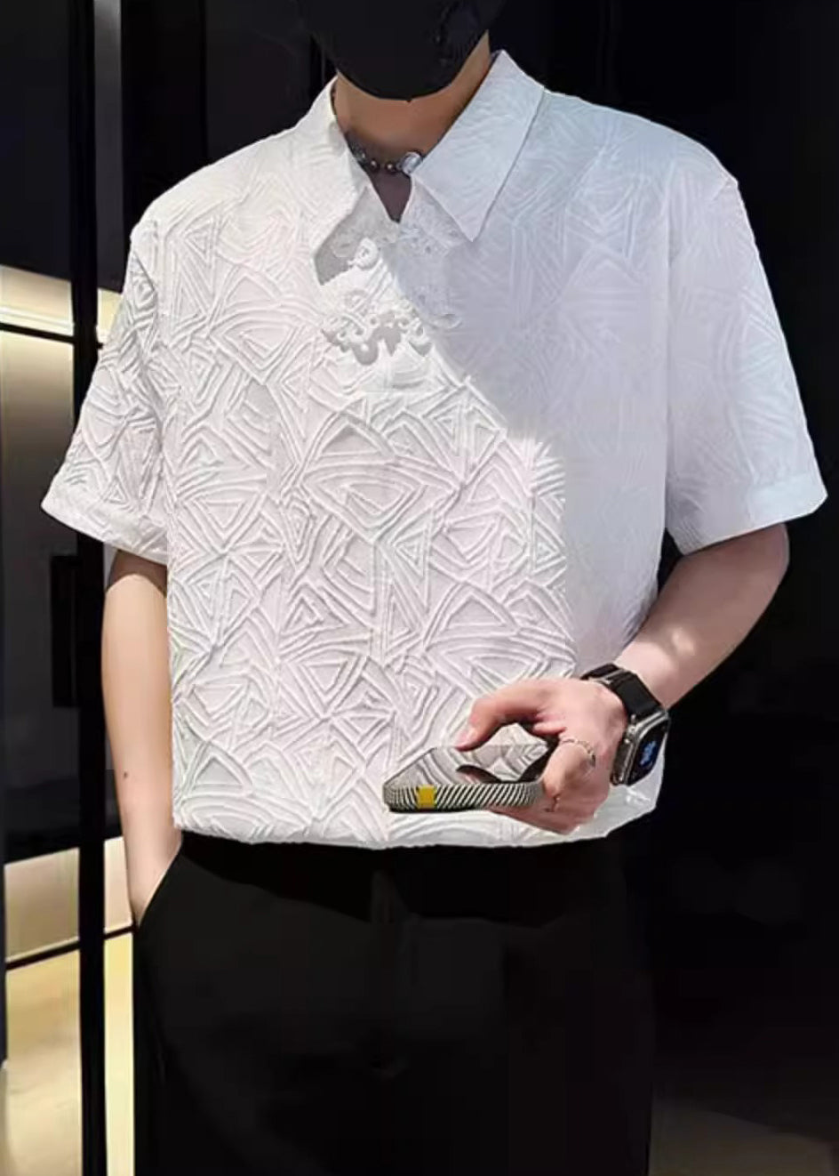 Shirts Polo Chinese Cotton Jacquard Mens Button Solid White