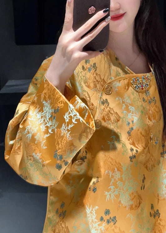 Jacquard Yellow O Neck Button Silk Shirt Long Sleeve QA1021 Ada Fashion