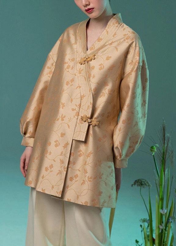 Jacquard Yellow V Neck Chinese Button Silk Coat Long Sleeve Ada Fashion